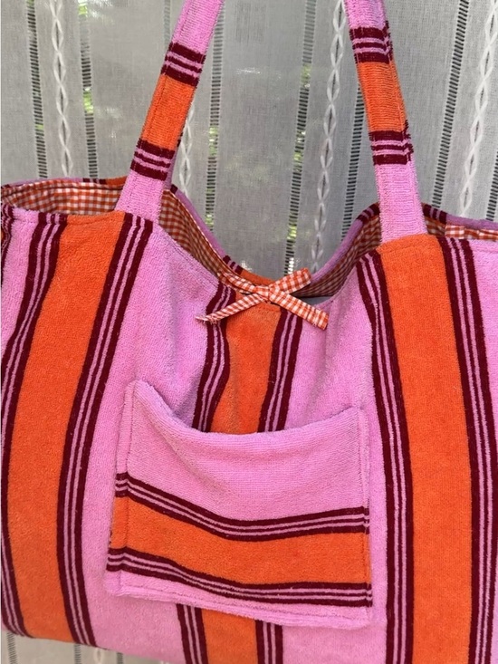 Handbags - Handmade Pink & Orange Striped Beach Towel Tote Bag